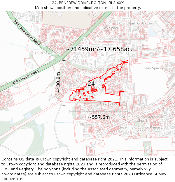 24, RENFREW DRIVE, BOLTON, BL3 4XX: Plot and title map