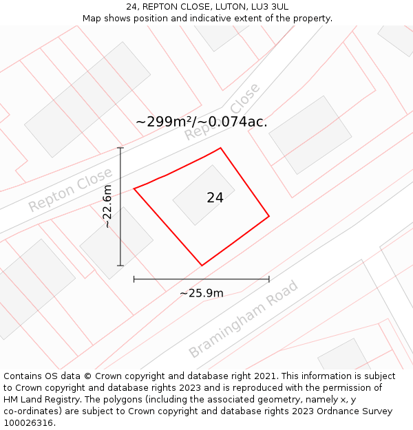 24, REPTON CLOSE, LUTON, LU3 3UL: Plot and title map