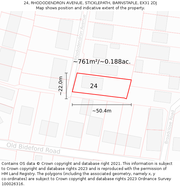 24, RHODODENDRON AVENUE, STICKLEPATH, BARNSTAPLE, EX31 2DJ: Plot and title map