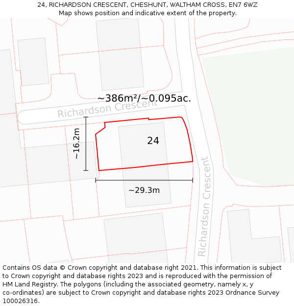 24, RICHARDSON CRESCENT, CHESHUNT, WALTHAM CROSS, EN7 6WZ: Plot and title map