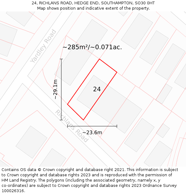 24, RICHLANS ROAD, HEDGE END, SOUTHAMPTON, SO30 0HT: Plot and title map