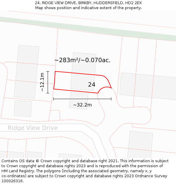 24, RIDGE VIEW DRIVE, BIRKBY, HUDDERSFIELD, HD2 2EX: Plot and title map