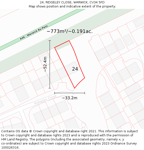 24, RIDGELEY CLOSE, WARWICK, CV34 5FD: Plot and title map