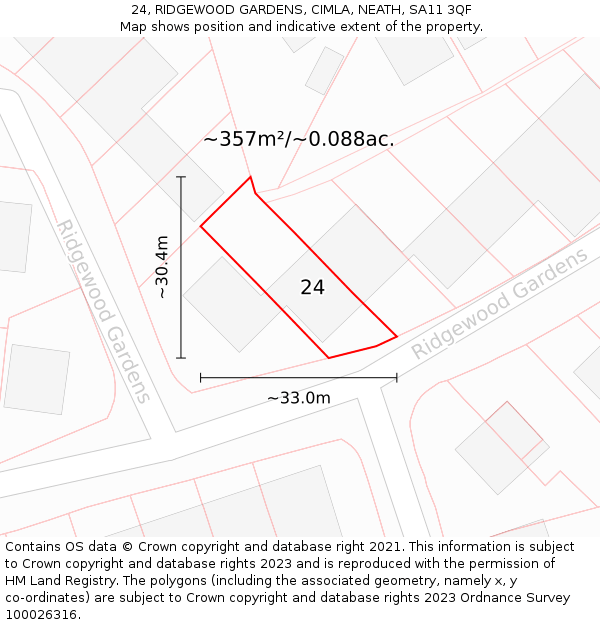 24, RIDGEWOOD GARDENS, CIMLA, NEATH, SA11 3QF: Plot and title map