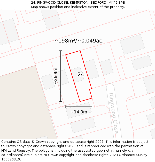 24, RINGWOOD CLOSE, KEMPSTON, BEDFORD, MK42 8PE: Plot and title map