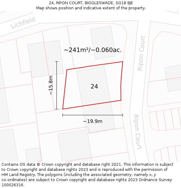 24, RIPON COURT, BIGGLESWADE, SG18 8JE: Plot and title map