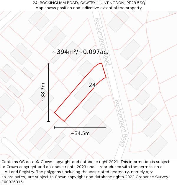 24, ROCKINGHAM ROAD, SAWTRY, HUNTINGDON, PE28 5SQ: Plot and title map