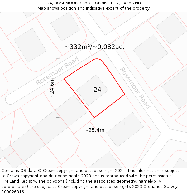 24, ROSEMOOR ROAD, TORRINGTON, EX38 7NB: Plot and title map