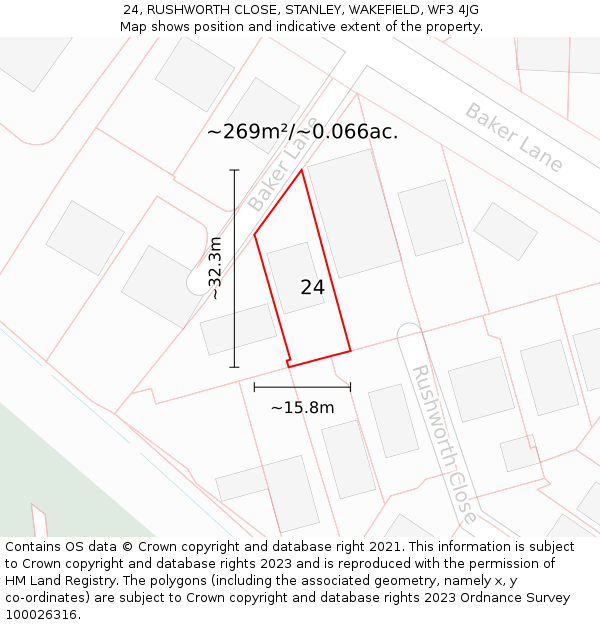 24, RUSHWORTH CLOSE, STANLEY, WAKEFIELD, WF3 4JG: Plot and title map
