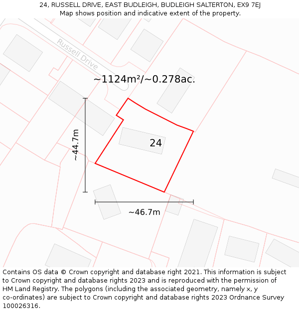 24, RUSSELL DRIVE, EAST BUDLEIGH, BUDLEIGH SALTERTON, EX9 7EJ: Plot and title map