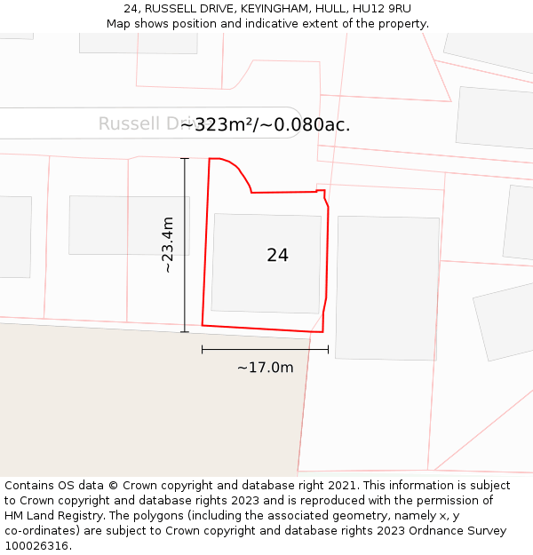 24, RUSSELL DRIVE, KEYINGHAM, HULL, HU12 9RU: Plot and title map