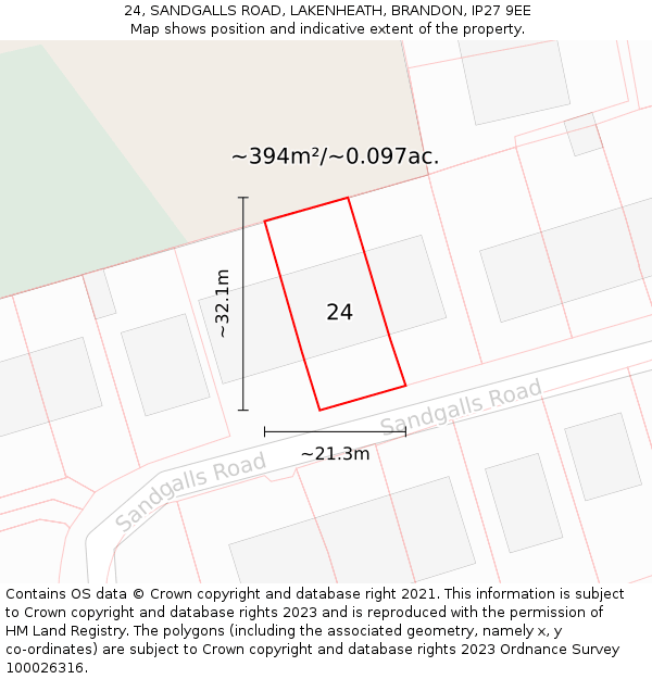 24, SANDGALLS ROAD, LAKENHEATH, BRANDON, IP27 9EE: Plot and title map