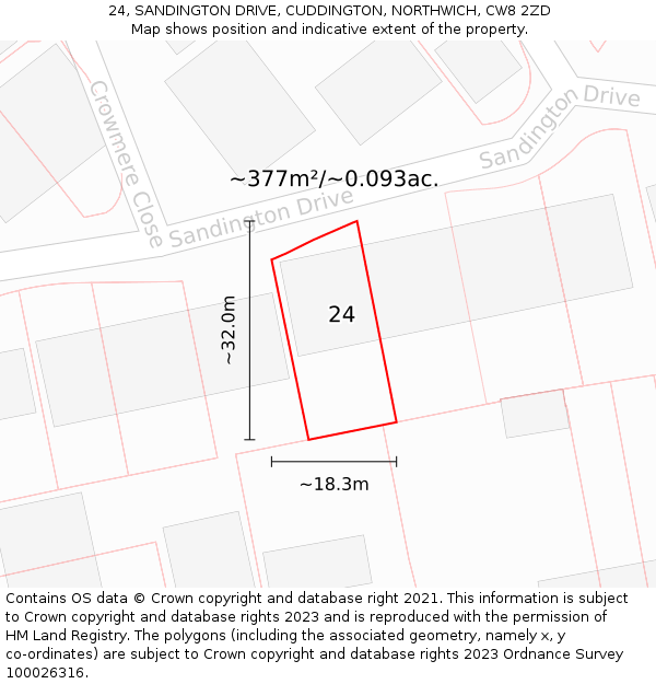 24, SANDINGTON DRIVE, CUDDINGTON, NORTHWICH, CW8 2ZD: Plot and title map