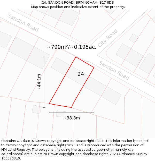 24, SANDON ROAD, BIRMINGHAM, B17 8DS: Plot and title map