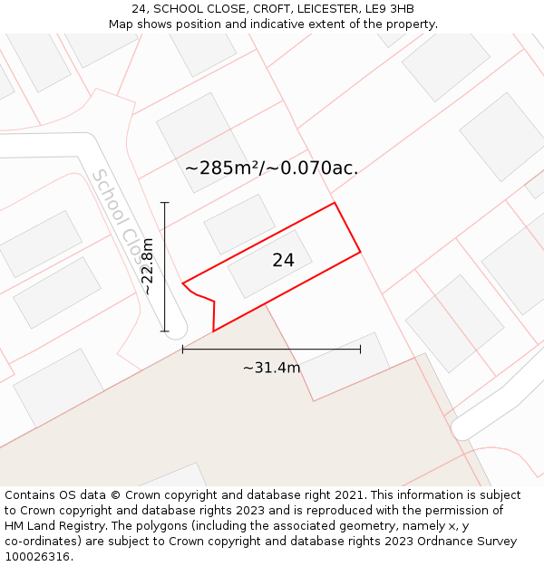 24, SCHOOL CLOSE, CROFT, LEICESTER, LE9 3HB: Plot and title map