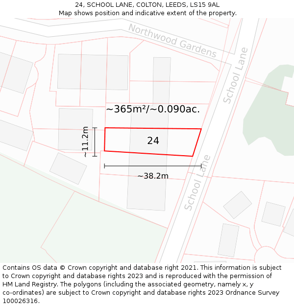 24, SCHOOL LANE, COLTON, LEEDS, LS15 9AL: Plot and title map