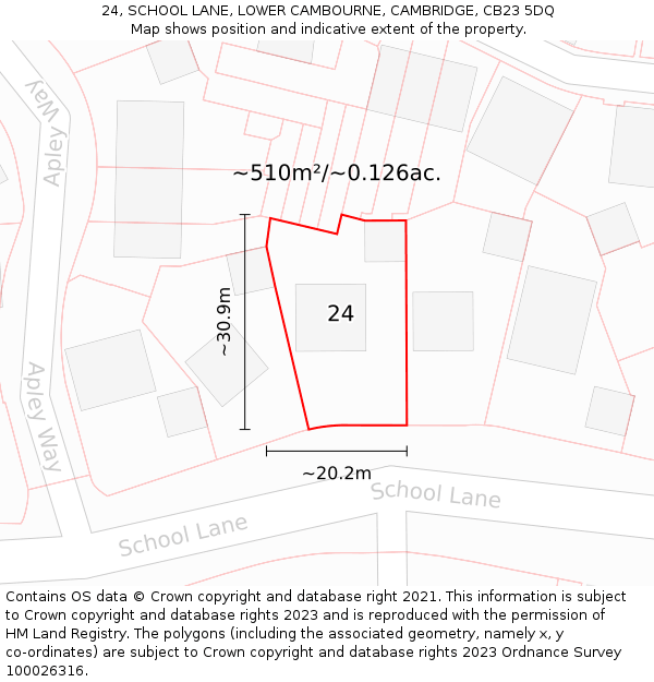 24, SCHOOL LANE, LOWER CAMBOURNE, CAMBRIDGE, CB23 5DQ: Plot and title map