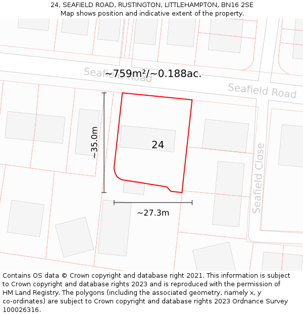 24, SEAFIELD ROAD, RUSTINGTON, LITTLEHAMPTON, BN16 2SE: Plot and title map