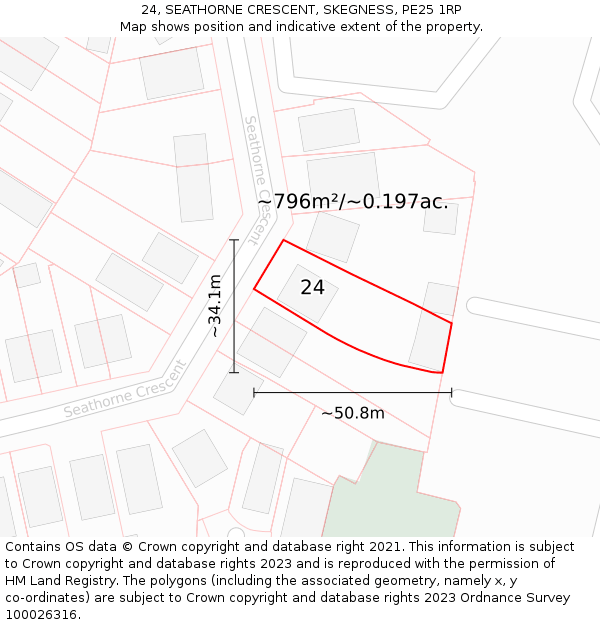 24, SEATHORNE CRESCENT, SKEGNESS, PE25 1RP: Plot and title map