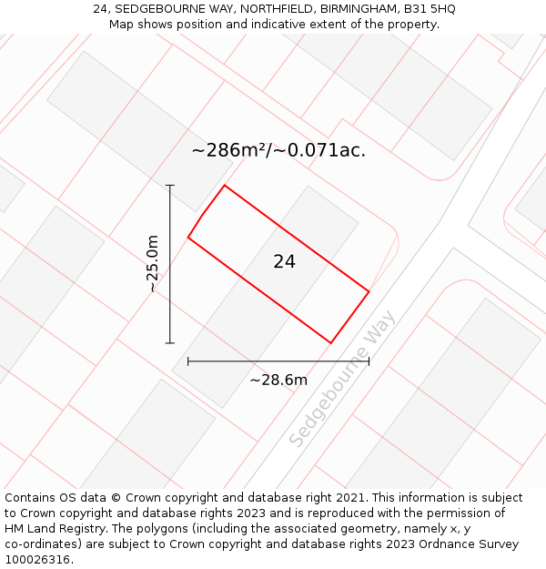 24, SEDGEBOURNE WAY, NORTHFIELD, BIRMINGHAM, B31 5HQ: Plot and title map