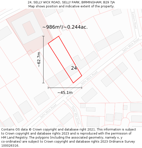 24, SELLY WICK ROAD, SELLY PARK, BIRMINGHAM, B29 7JA: Plot and title map