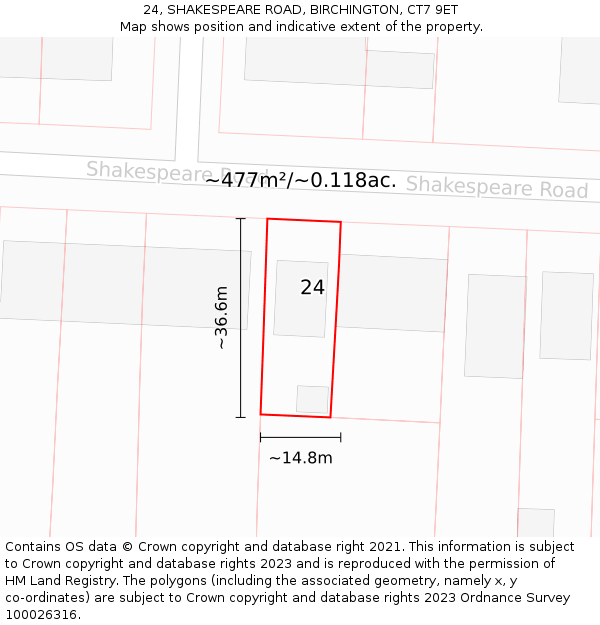 24, SHAKESPEARE ROAD, BIRCHINGTON, CT7 9ET: Plot and title map