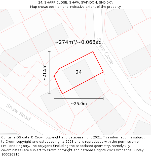 24, SHARP CLOSE, SHAW, SWINDON, SN5 5XN: Plot and title map