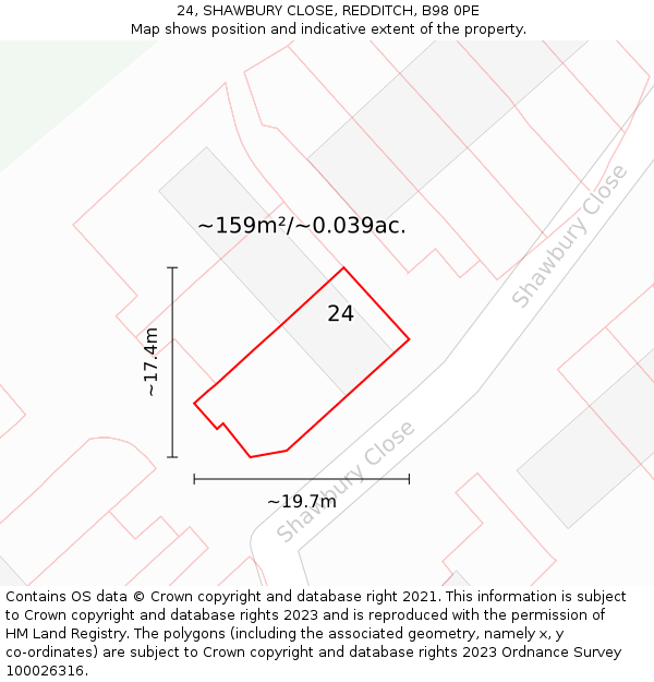 24, SHAWBURY CLOSE, REDDITCH, B98 0PE: Plot and title map