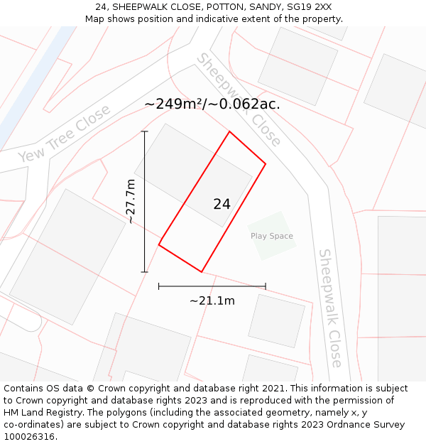 24, SHEEPWALK CLOSE, POTTON, SANDY, SG19 2XX: Plot and title map