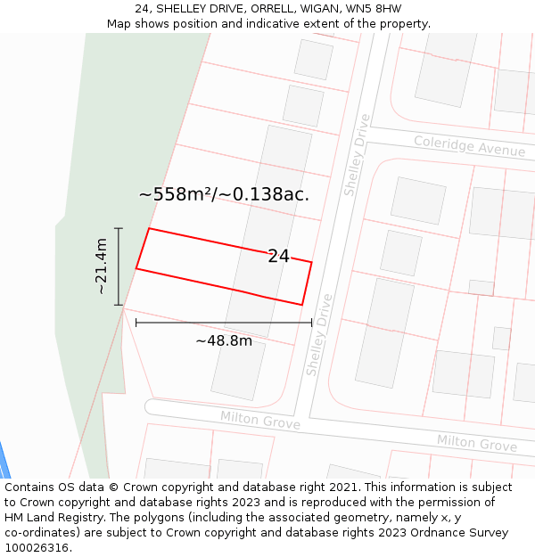 24, SHELLEY DRIVE, ORRELL, WIGAN, WN5 8HW: Plot and title map