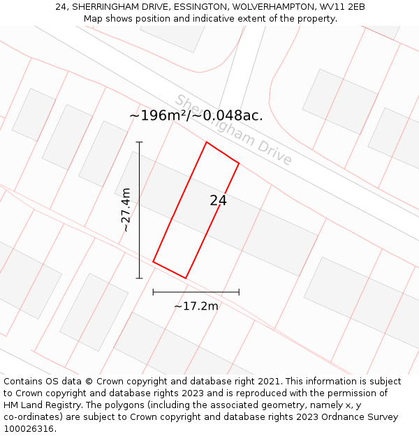24, SHERRINGHAM DRIVE, ESSINGTON, WOLVERHAMPTON, WV11 2EB: Plot and title map