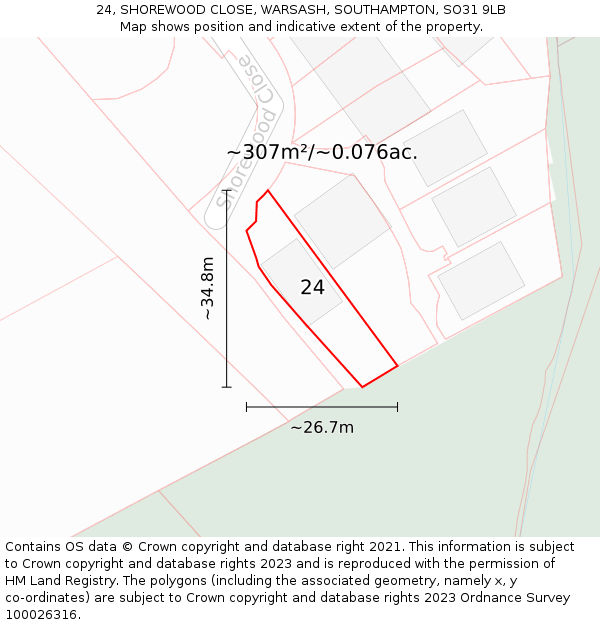 24, SHOREWOOD CLOSE, WARSASH, SOUTHAMPTON, SO31 9LB: Plot and title map