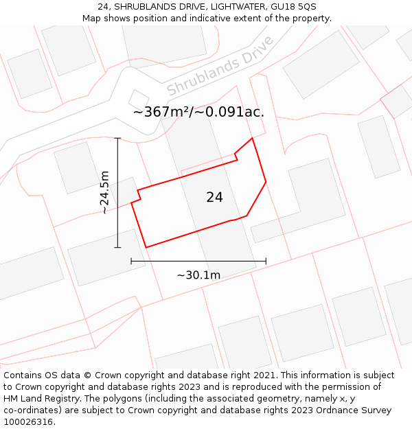 24, SHRUBLANDS DRIVE, LIGHTWATER, GU18 5QS: Plot and title map