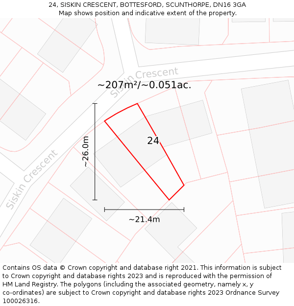 24, SISKIN CRESCENT, BOTTESFORD, SCUNTHORPE, DN16 3GA: Plot and title map