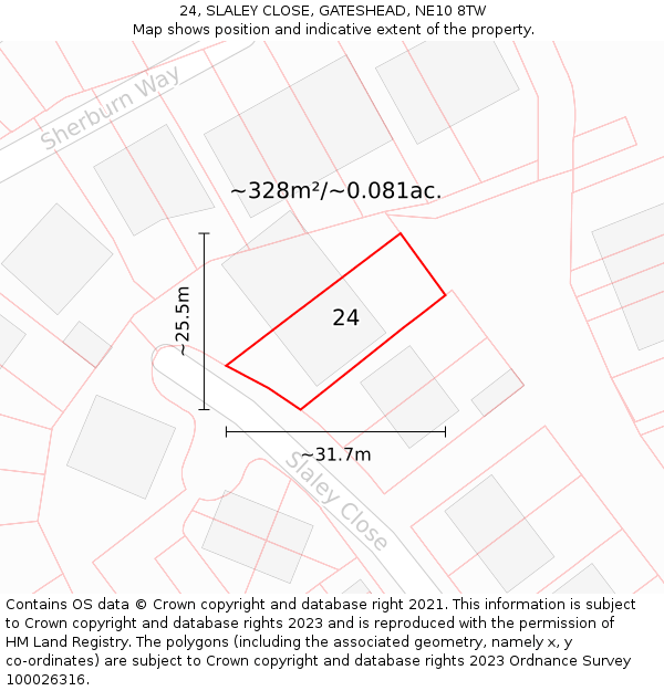 24, SLALEY CLOSE, GATESHEAD, NE10 8TW: Plot and title map