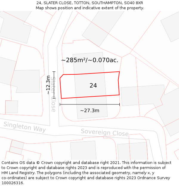 24, SLATER CLOSE, TOTTON, SOUTHAMPTON, SO40 8XR: Plot and title map