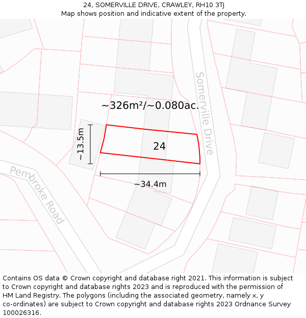 24, SOMERVILLE DRIVE, CRAWLEY, RH10 3TJ: Plot and title map