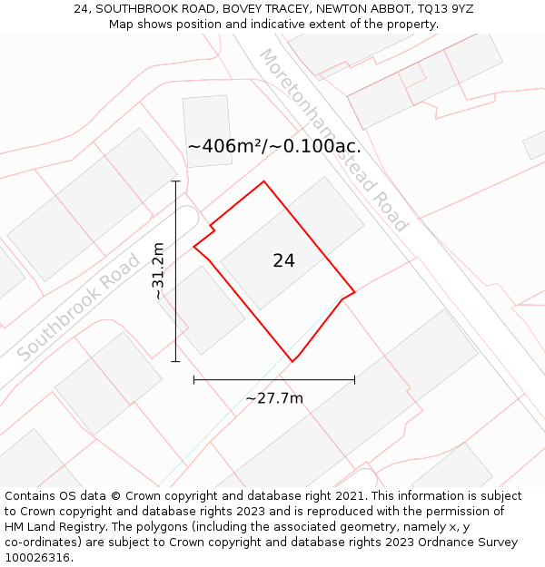 24, SOUTHBROOK ROAD, BOVEY TRACEY, NEWTON ABBOT, TQ13 9YZ: Plot and title map