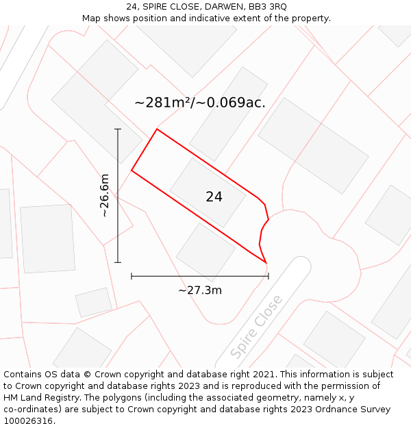 24, SPIRE CLOSE, DARWEN, BB3 3RQ: Plot and title map