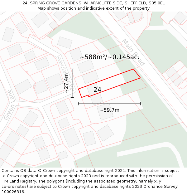 24, SPRING GROVE GARDENS, WHARNCLIFFE SIDE, SHEFFIELD, S35 0EL: Plot and title map