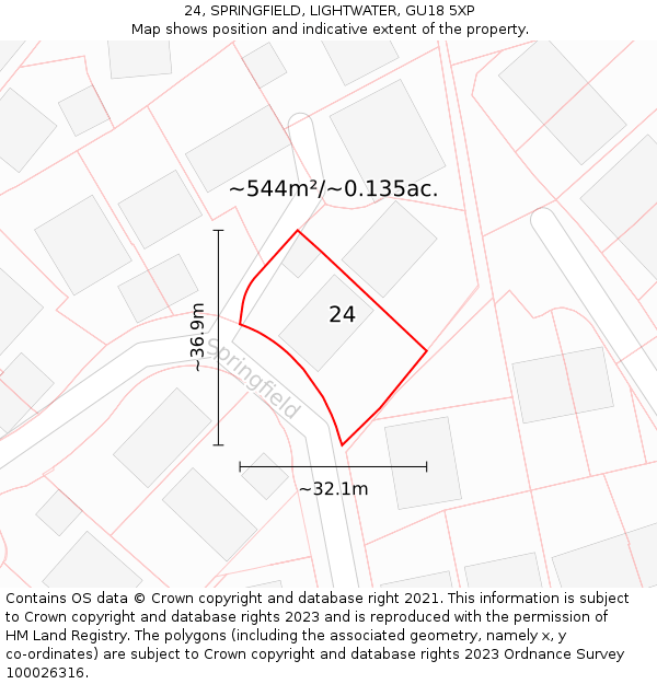 24, SPRINGFIELD, LIGHTWATER, GU18 5XP: Plot and title map