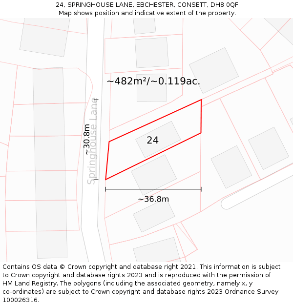 24, SPRINGHOUSE LANE, EBCHESTER, CONSETT, DH8 0QF: Plot and title map