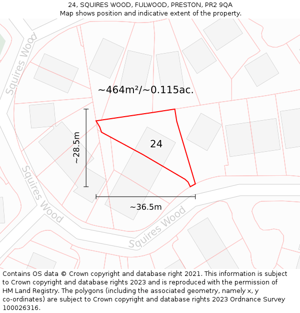 24, SQUIRES WOOD, FULWOOD, PRESTON, PR2 9QA: Plot and title map