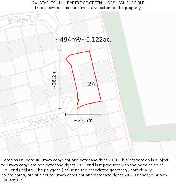 24, STAPLES HILL, PARTRIDGE GREEN, HORSHAM, RH13 8LE: Plot and title map