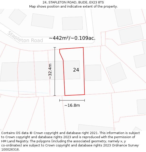 24, STAPLETON ROAD, BUDE, EX23 8TS: Plot and title map