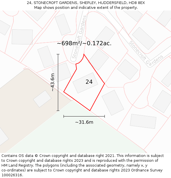 24, STONECROFT GARDENS, SHEPLEY, HUDDERSFIELD, HD8 8EX: Plot and title map