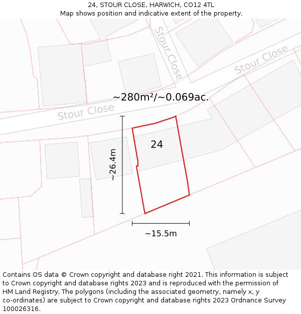 24, STOUR CLOSE, HARWICH, CO12 4TL: Plot and title map