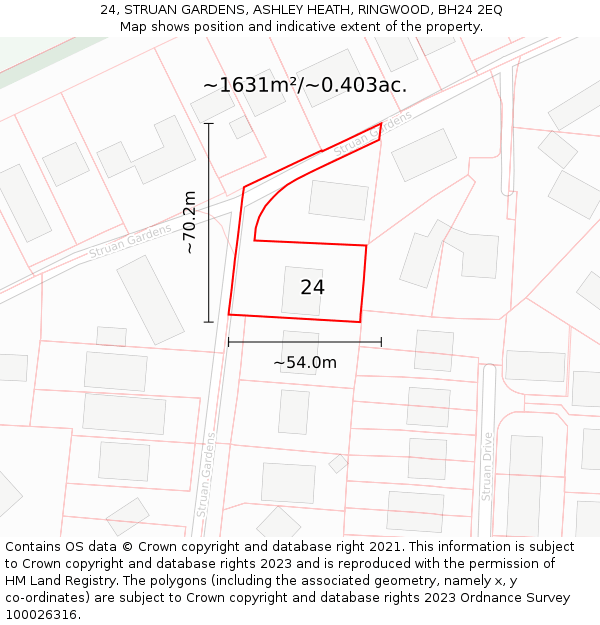 24, STRUAN GARDENS, ASHLEY HEATH, RINGWOOD, BH24 2EQ: Plot and title map