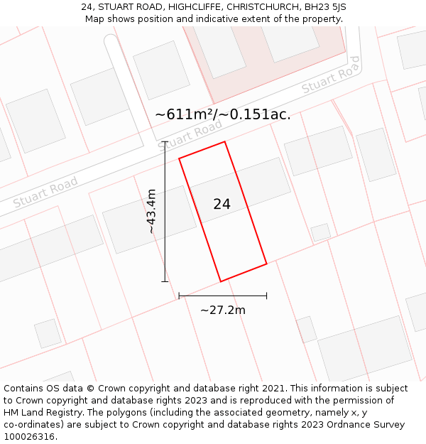 24, STUART ROAD, HIGHCLIFFE, CHRISTCHURCH, BH23 5JS: Plot and title map