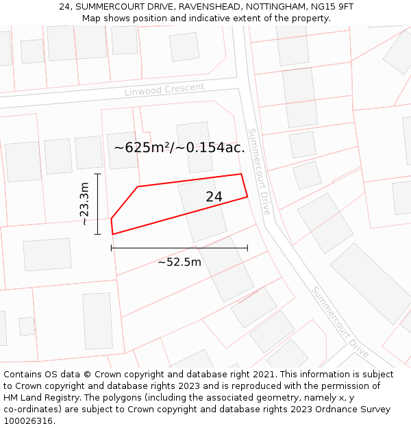 24, SUMMERCOURT DRIVE, RAVENSHEAD, NOTTINGHAM, NG15 9FT: Plot and title map